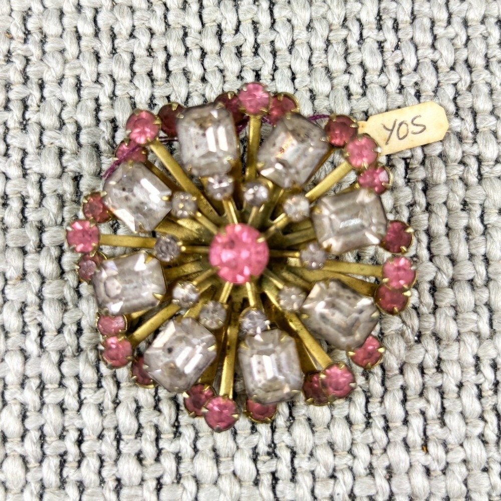 Vintage 50s Atomic Style Sunburst 3 layer Pink Clear Emerald Cut Gold Brooch Pin
